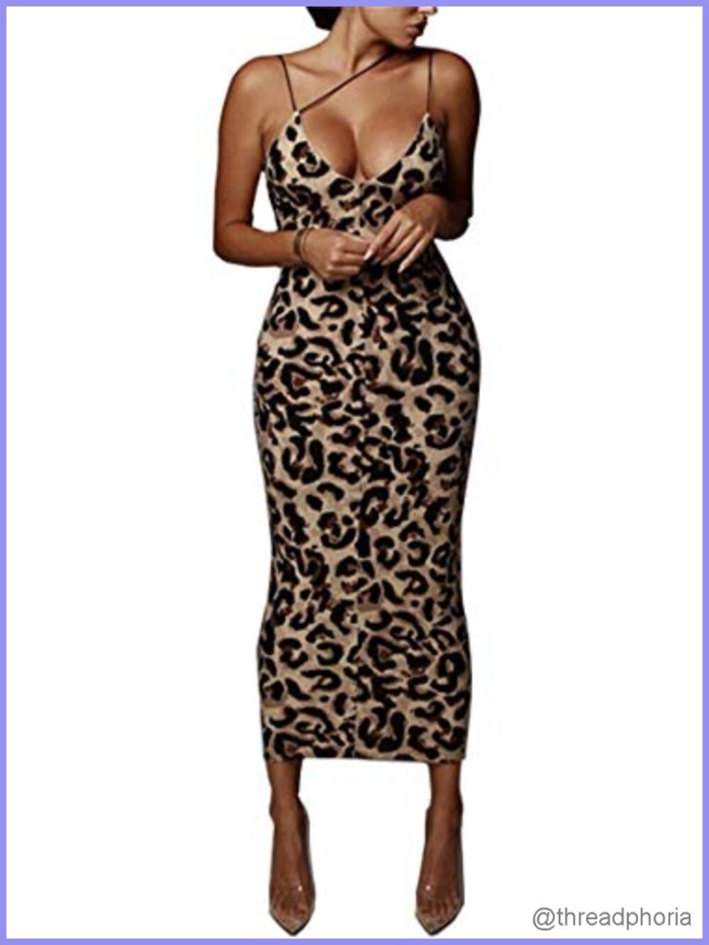 Sheer V-Neck Bodycon Midi Dress with Spaghetti Straps